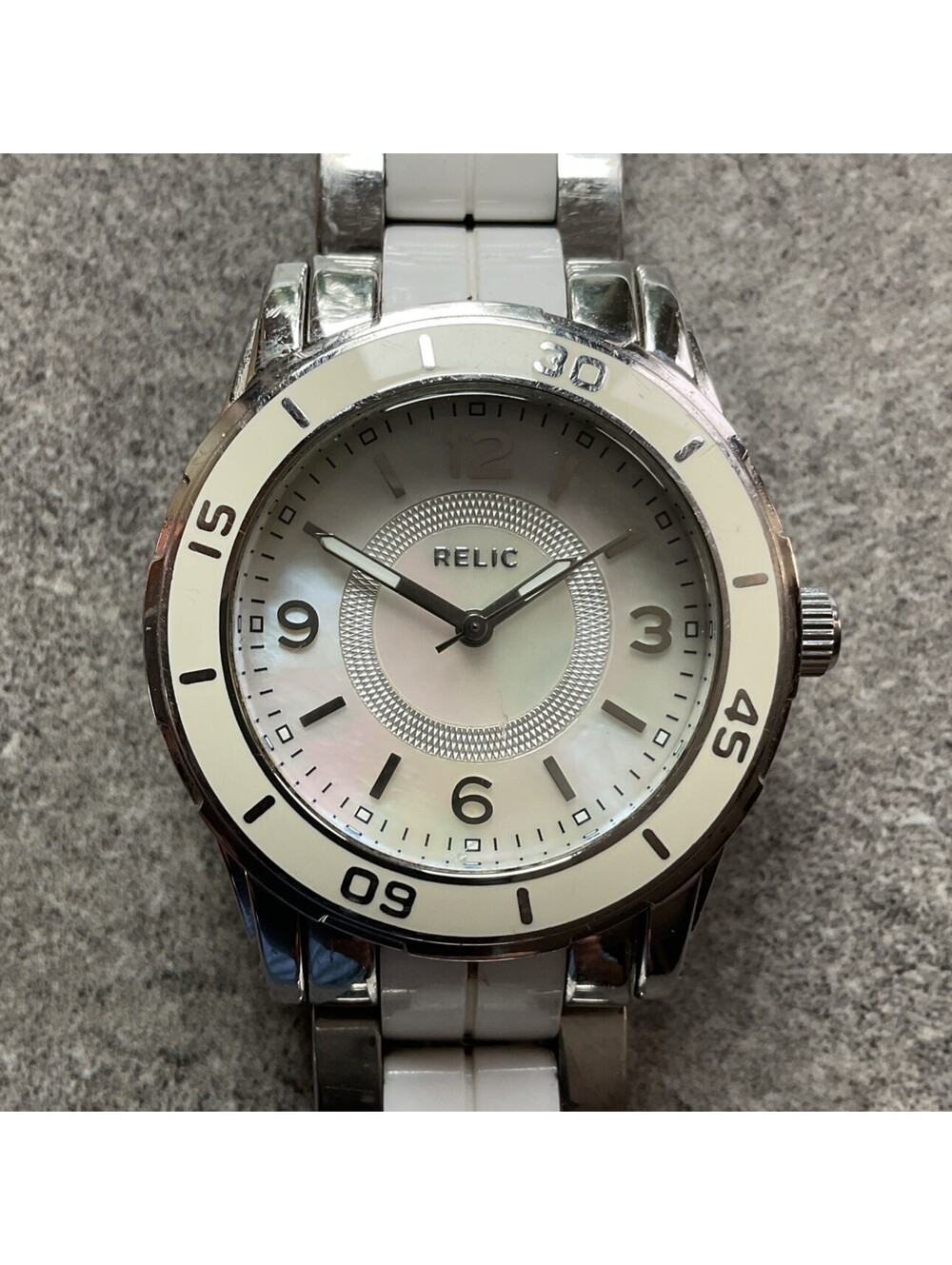 Relic Womens Watch ZR11883 34mm Case White Silver Two Tone Band MOP Dial D4